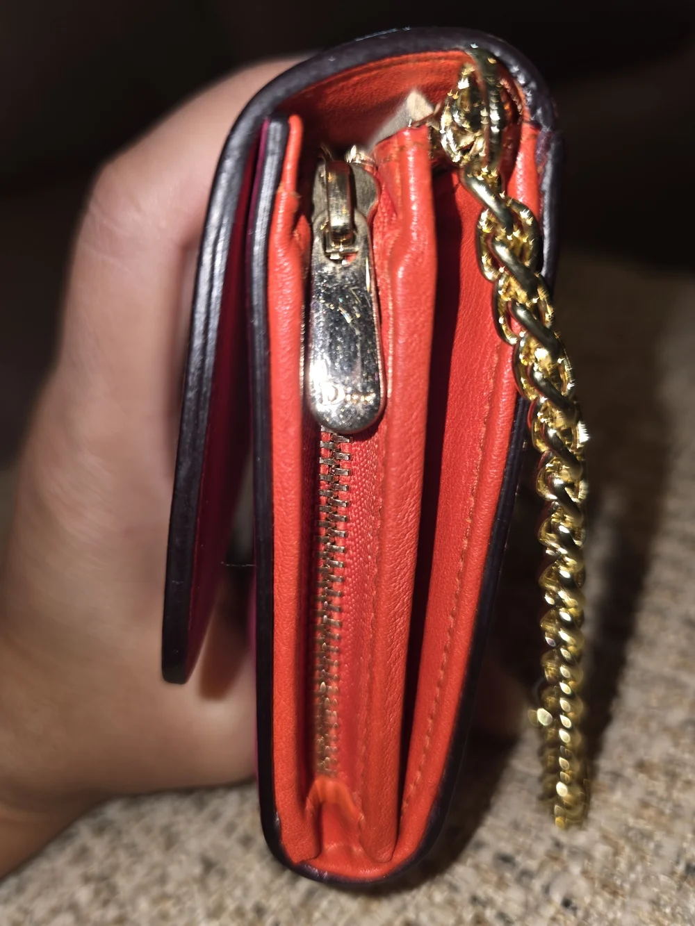 DiorTwo-Tone Pink and Orange Leather Wallet with Gold Chain